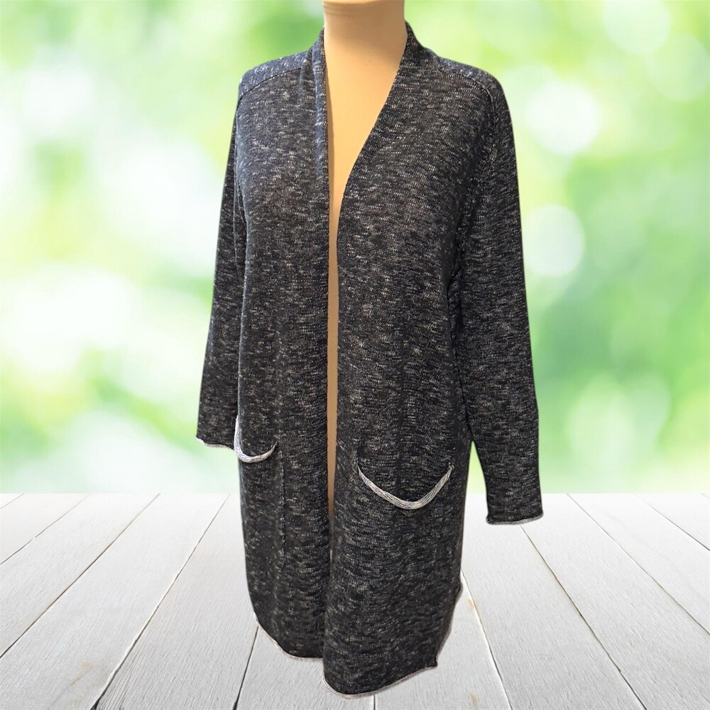 EILEEN FISHER Long Open Cardigan Sweater Organic Linen Cotton Gray Pockets XL